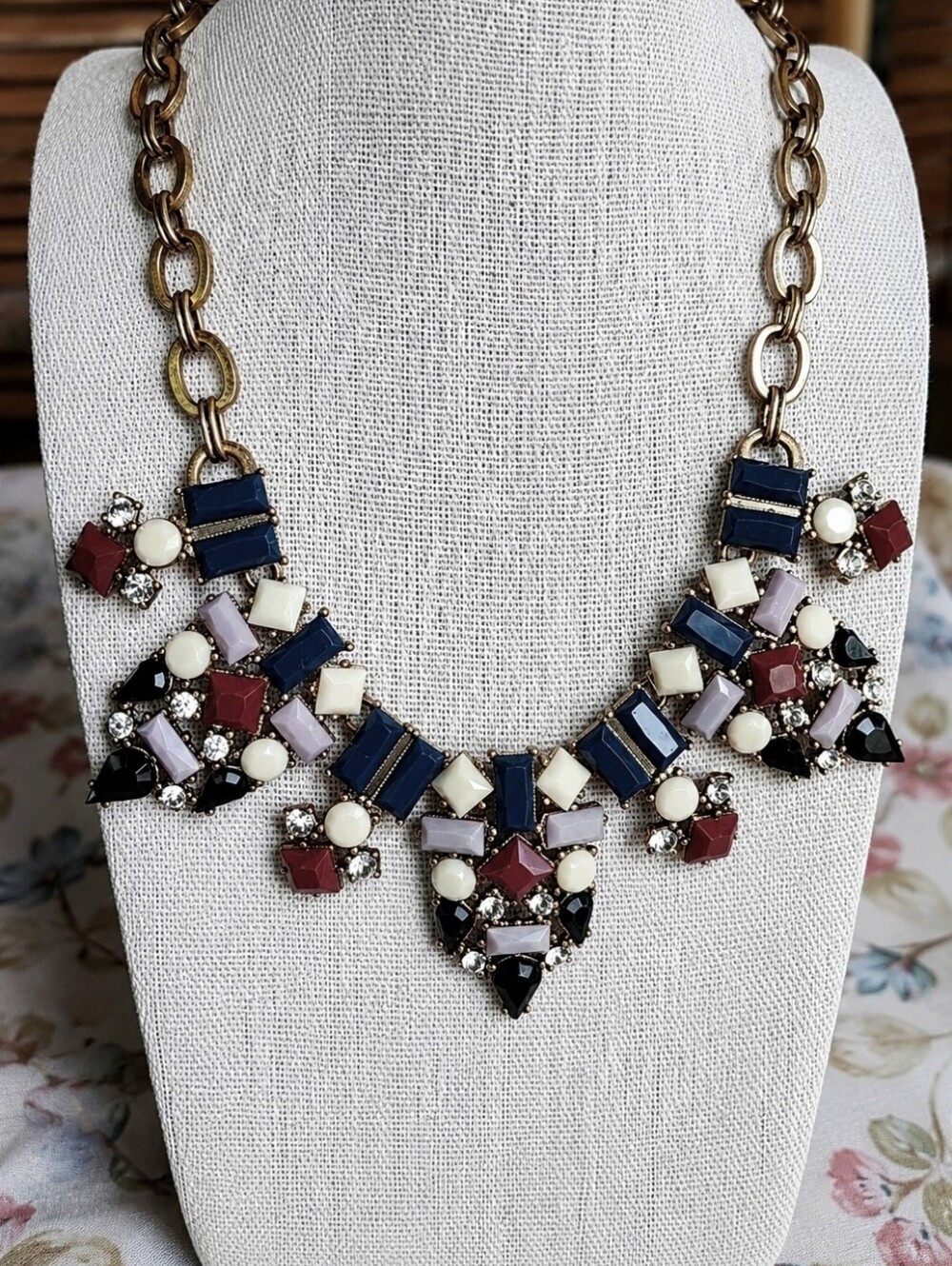 J. Crew Art Deco Revival Brass Tone Necklace Lifesaver Clasp Navy Lavender EUC